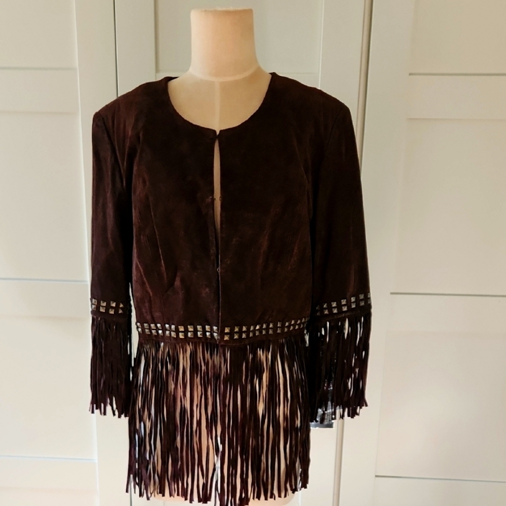Pamela McCoy Couture Dark Brown Western Fringe Studded Crop Jacket Sz Large NWT - Picture 2 of 9